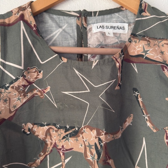 LAS SURENAS Leopard Jungle Boho Shirt Linen Cotton Green Size L - Picture 2 of 7